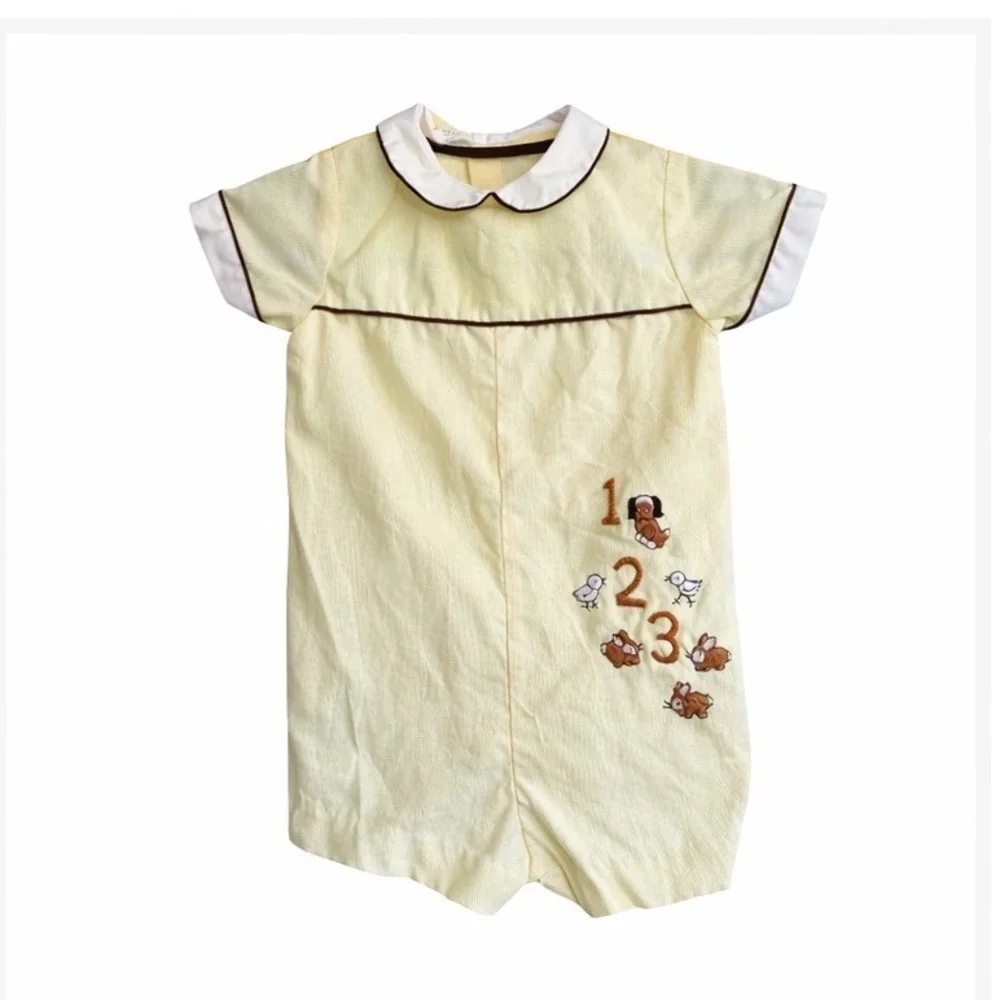 Vintage Yellow Seersucker Baby Romper Animal Embroidery Peter‎ Pan Collar 1/2
